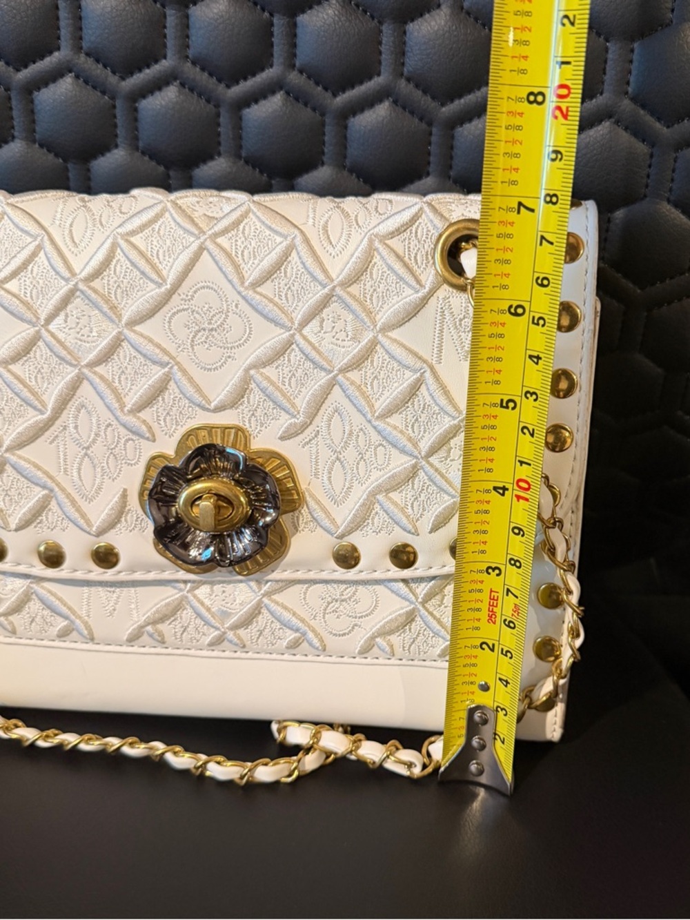 White Quilted Chain-Handle Shoulder Bag with Gold Hardware - Picture 3 of 5